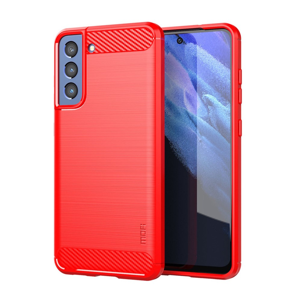 MOFI Well-Protected Brushed Carbon Fiber Design Flexible TPU Cover for Samsung Galaxy S21 FE - Red-1
