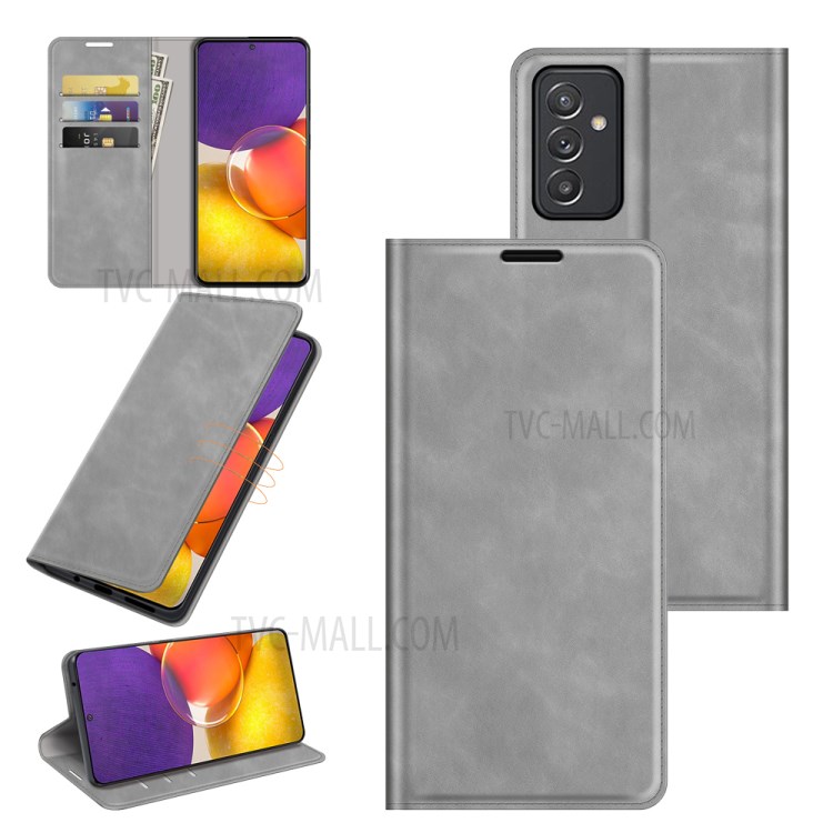 Skin-touch Leather Cover Protective Auto-Absorbed Case with Wallet Stand for Samsung Galaxy Quantum 2 - Grey-7