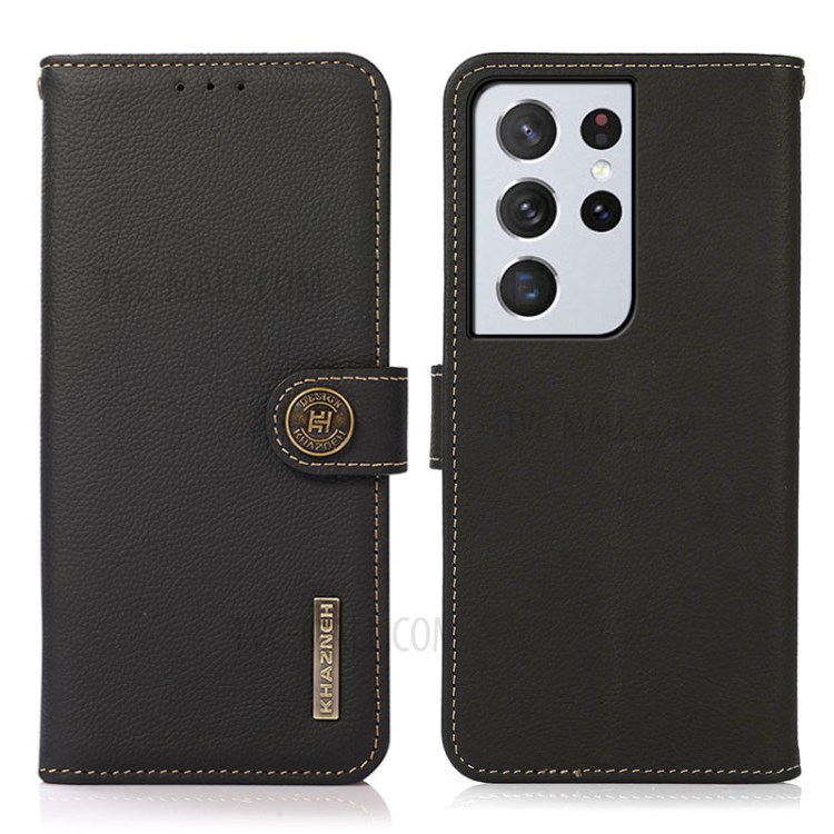 KHAZNEH RFID Anti-theft Swiping Design Genuine Leather Full Coverage Phone Shell Case for Samsung Galaxy S21 Ultra 5G - Black-1