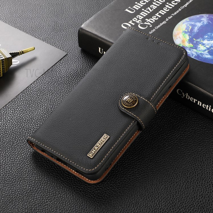 KHAZNEH RFID Anti-theft Swiping Design Genuine Leather Full Coverage Phone Shell Case for Samsung Galaxy S21 Ultra 5G - Black-2