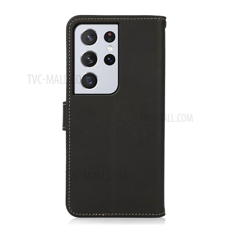 KHAZNEH RFID Anti-theft Swiping Design Genuine Leather Full Coverage Phone Shell Case for Samsung Galaxy S21 Ultra 5G - Black-7