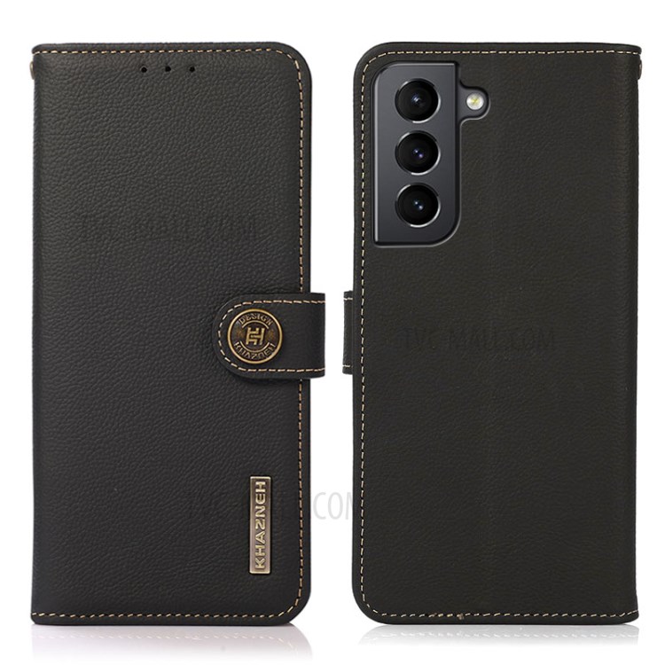 KHAZNEH RFID Anti-theft Swiping Design Genuine Leather Phone Shell Full Coverage Case for Samsung Galaxy S21+ 5G - Black-1