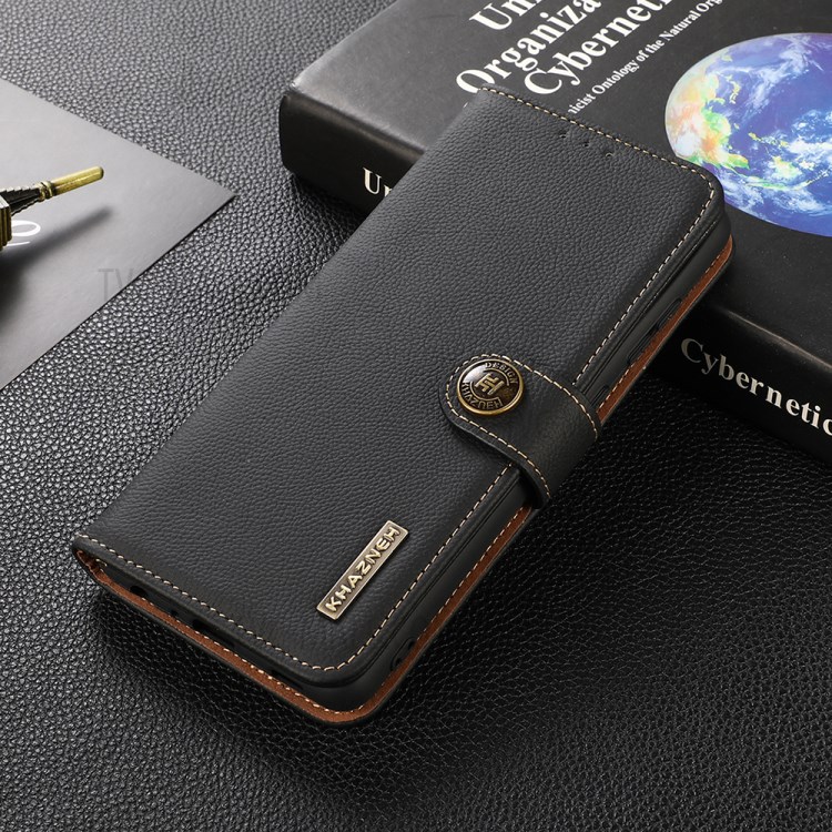 KHAZNEH RFID Anti-theft Swiping Design Genuine Leather Phone Shell Full Coverage Case for Samsung Galaxy S21+ 5G - Black-2