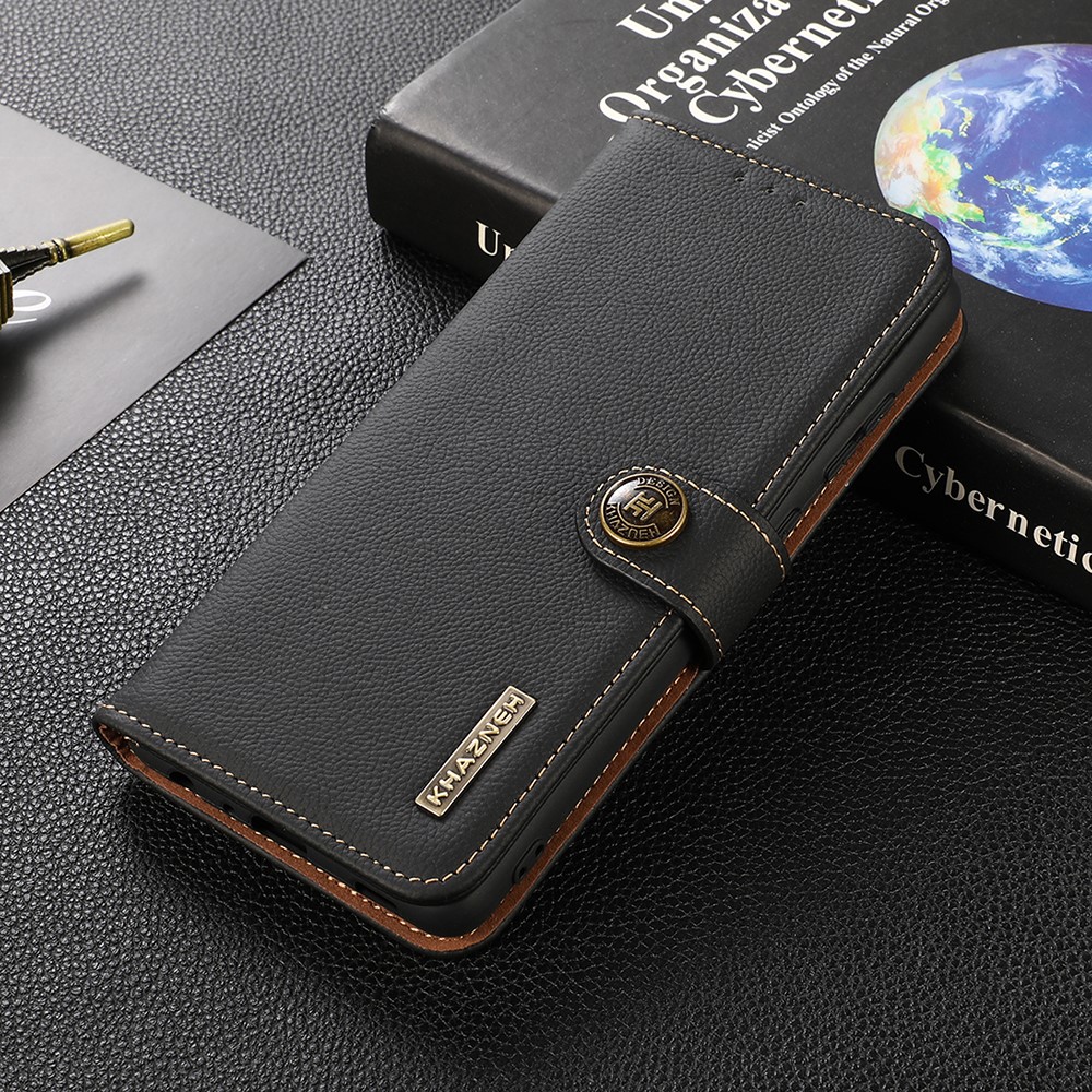 KHAZNEH RFID Anti-theft Swiping Design Anti-Fall Genuine Leather Wallet Phone Case Stand for Samsung Galaxy S21 FE - Black-2