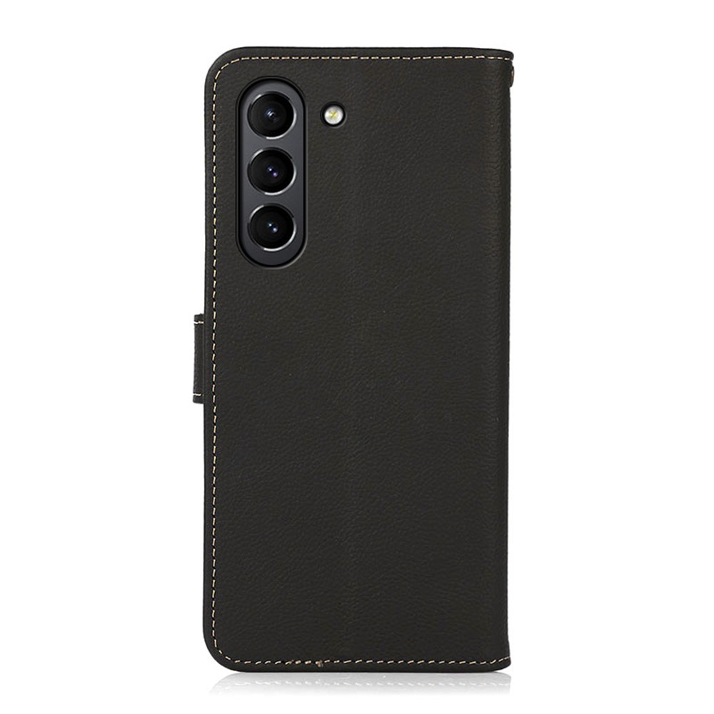 KHAZNEH RFID Anti-theft Swiping Design Anti-Fall Genuine Leather Wallet Phone Case Stand for Samsung Galaxy S21 FE - Black-7