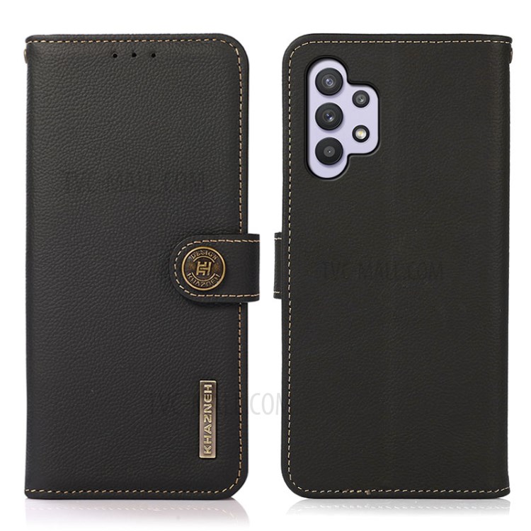 KHAZNEH RFID Anti-theft Swiping Design Shockproof Genuine Leather Phone Case Stand for Samsung Galaxy A32 5G (EU Version) - Black-1