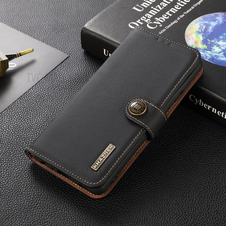KHAZNEH RFID Anti-theft Swiping Design Shockproof Genuine Leather Phone Case Stand for Samsung Galaxy A32 5G (EU Version) - Black-2