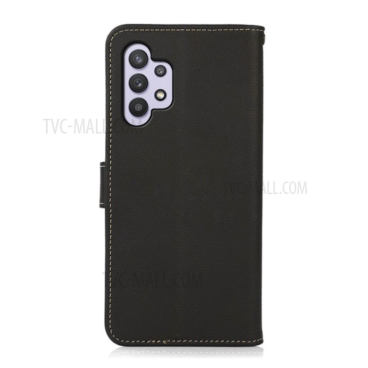 KHAZNEH RFID Anti-theft Swiping Design Shockproof Genuine Leather Phone Case Stand for Samsung Galaxy A32 5G (EU Version) - Black-7