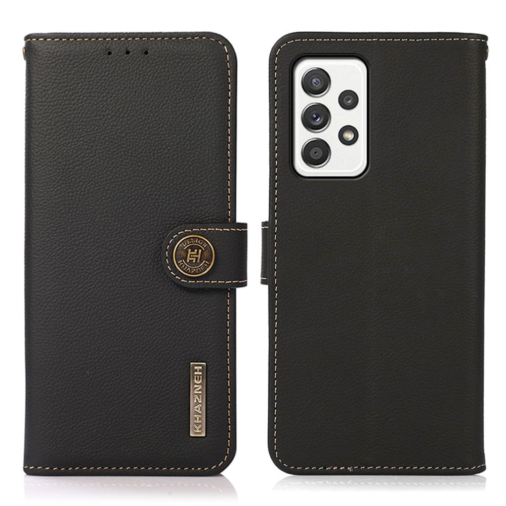 KHAZNEH RFID Anti-theft Swiping Wallet Stand Design Genuine Leather Phone Protective Case for Samsung Galaxy A52 5G/4G - Black-1
