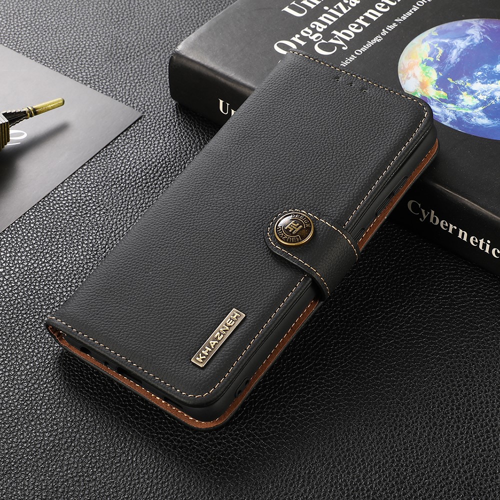 KHAZNEH RFID Anti-theft Swiping Wallet Stand Design Genuine Leather Phone Protective Case for Samsung Galaxy A52 5G/4G - Black-2