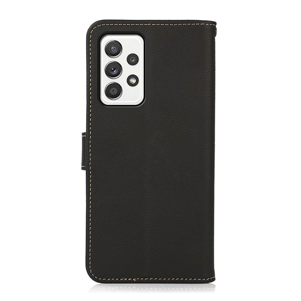 KHAZNEH RFID Anti-theft Swiping Wallet Stand Design Genuine Leather Phone Protective Case for Samsung Galaxy A52 5G/4G - Black-7