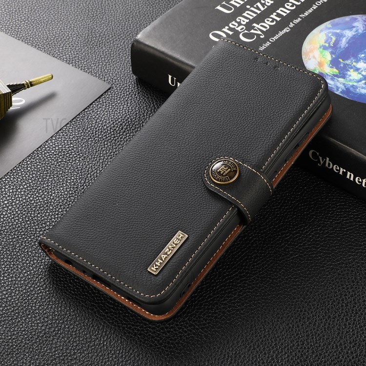 KHAZNEH Scratch Resistant Genuine Leather Wallet Phone Case with RFID Anti-theft Swiping for Samsung Galaxy A42 5G - Black-2