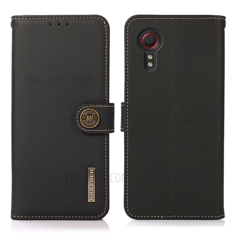KHAZNEH Genuine Leather RFID Anti-theft Swiping Design Phone Case Cover for Samsung Galaxy Xcover 5 - Black-1