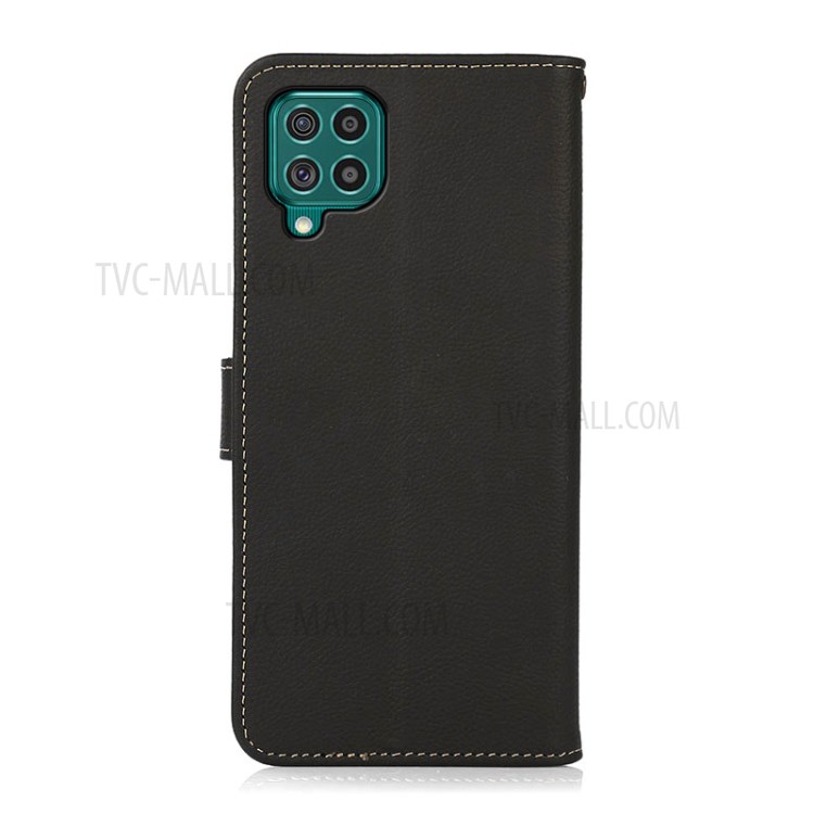 KHAZNEH Textured Genuine Leather Wallet Stand Phone Case Shell with RFID Anti-theft Swiping for Samsung Galaxy F62/M62 - Black-7
