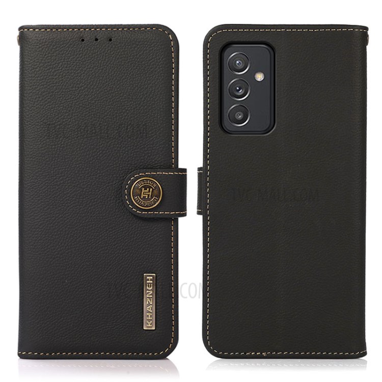 KHAZNEH RFID Anti-theft Swiping Design Genuine Leather Wallet Stand Phone Case Cover for Samsung Galaxy A82 5G - Black-1