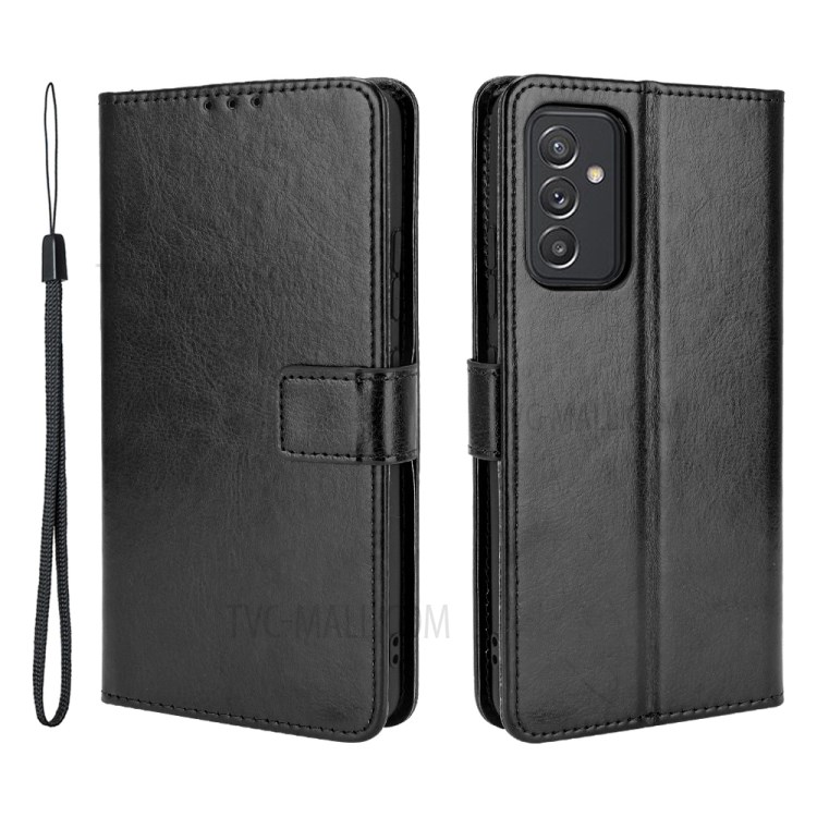 Crazy Horse Skin Leather Wallet Design Shell with Stand and Strap for Samsung Galaxy A82 5G/Quantum 2 - Black-1