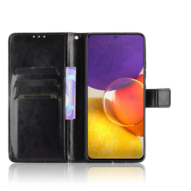 Crazy Horse Skin Leather Wallet Design Shell with Stand and Strap for Samsung Galaxy A82 5G/Quantum 2 - Black-5