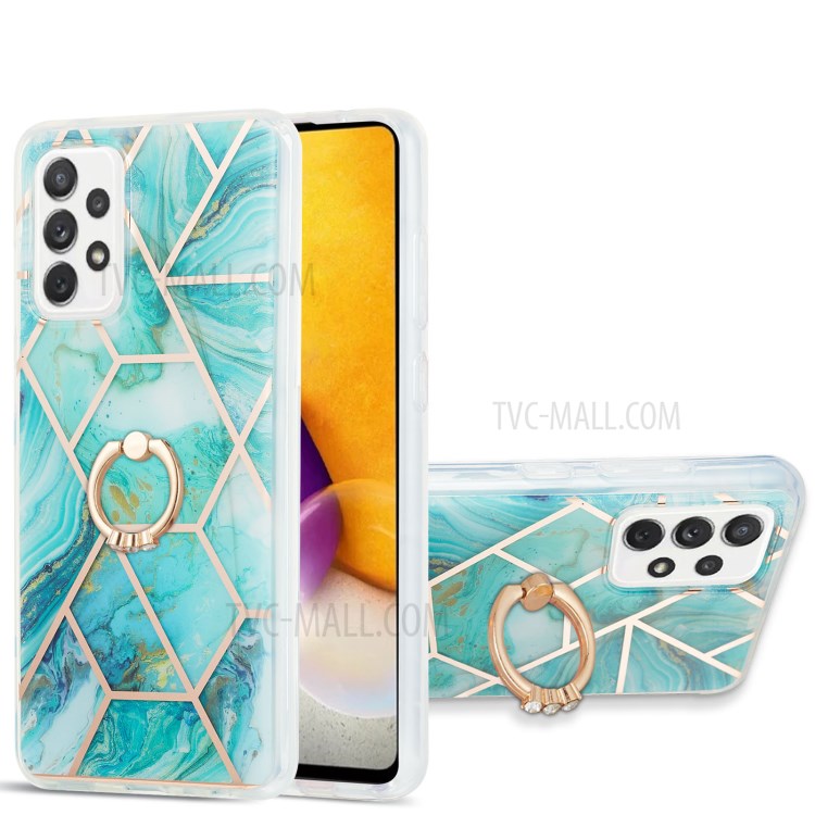 2.0mm IMD IML Electroplating Marble Pattern TPU Back Case with Finger Ring Kickstand for Samsung Galaxy A72 5G/4G - Blue-1