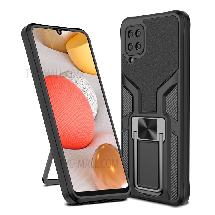 (Built-in Magnetic Metal Sheet) PC + TPU Hybrid Case Cover with Kickstand for Samsung Galaxy A12 - Black-1