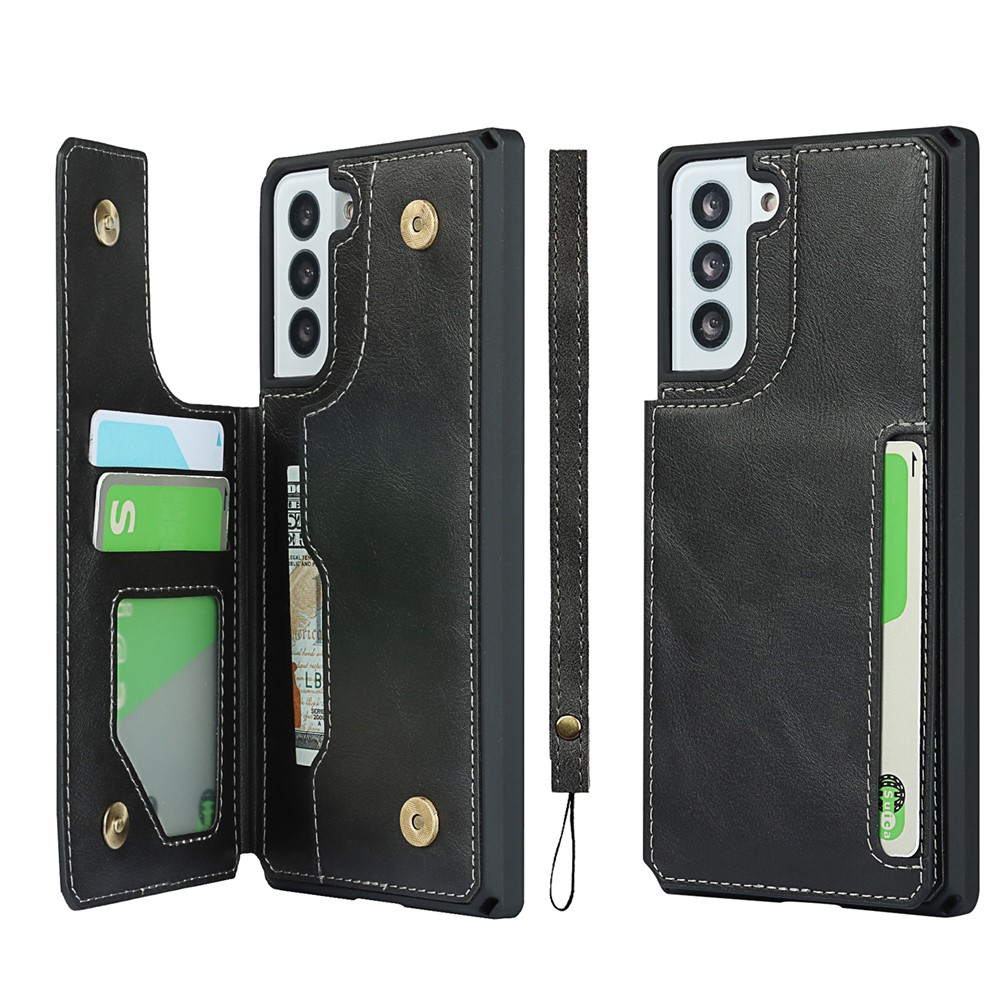 Button Flip PU Leather Mobile Phone Protective Case Shell Stand with Strap for Samsung Galaxy S21+ 5G - Black-1
