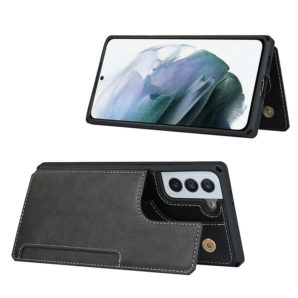 Button Flip PU Leather Mobile Phone Protective Case Shell Stand with Strap for Samsung Galaxy S21+ 5G - Black-2