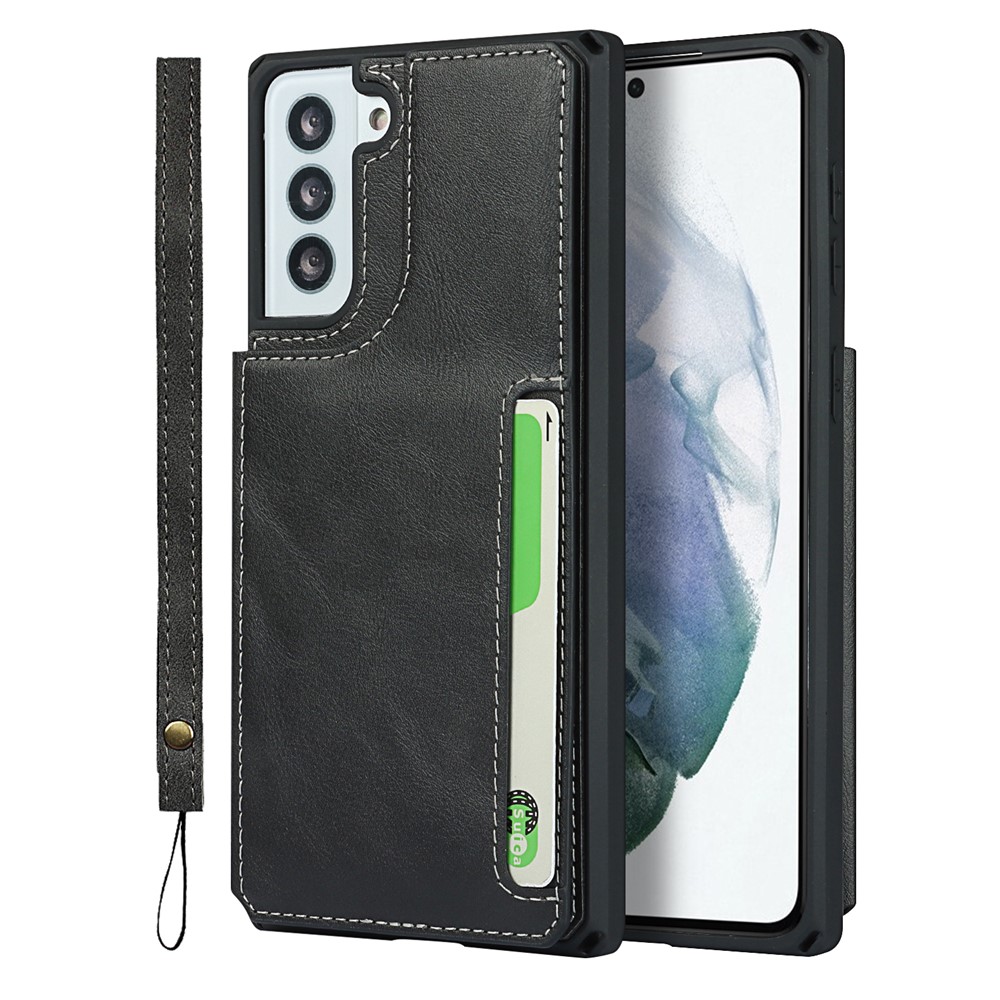Button Flip PU Leather Mobile Phone Protective Case Shell Stand with Strap for Samsung Galaxy S21+ 5G - Black-3