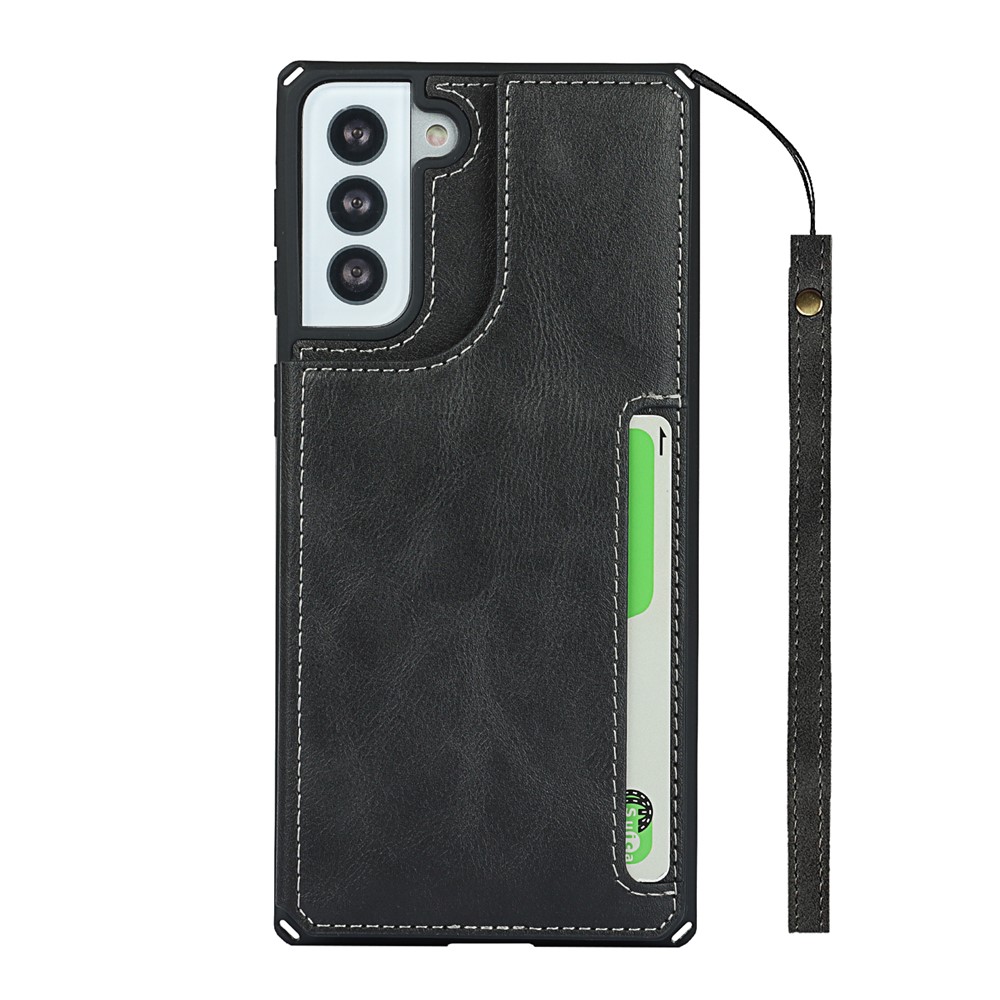 Button Flip PU Leather Mobile Phone Protective Case Shell Stand with Strap for Samsung Galaxy S21+ 5G - Black-4