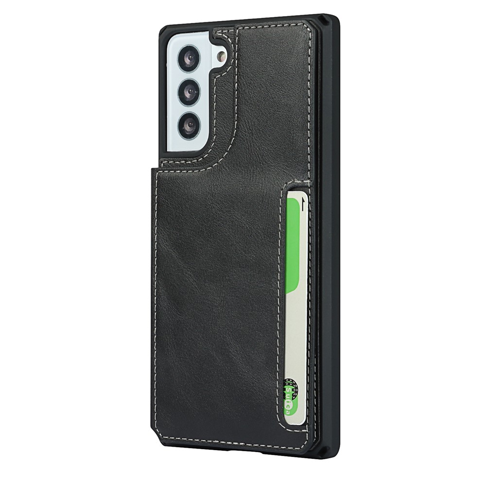 Button Flip PU Leather Mobile Phone Protective Case Shell Stand with Strap for Samsung Galaxy S21+ 5G - Black-5