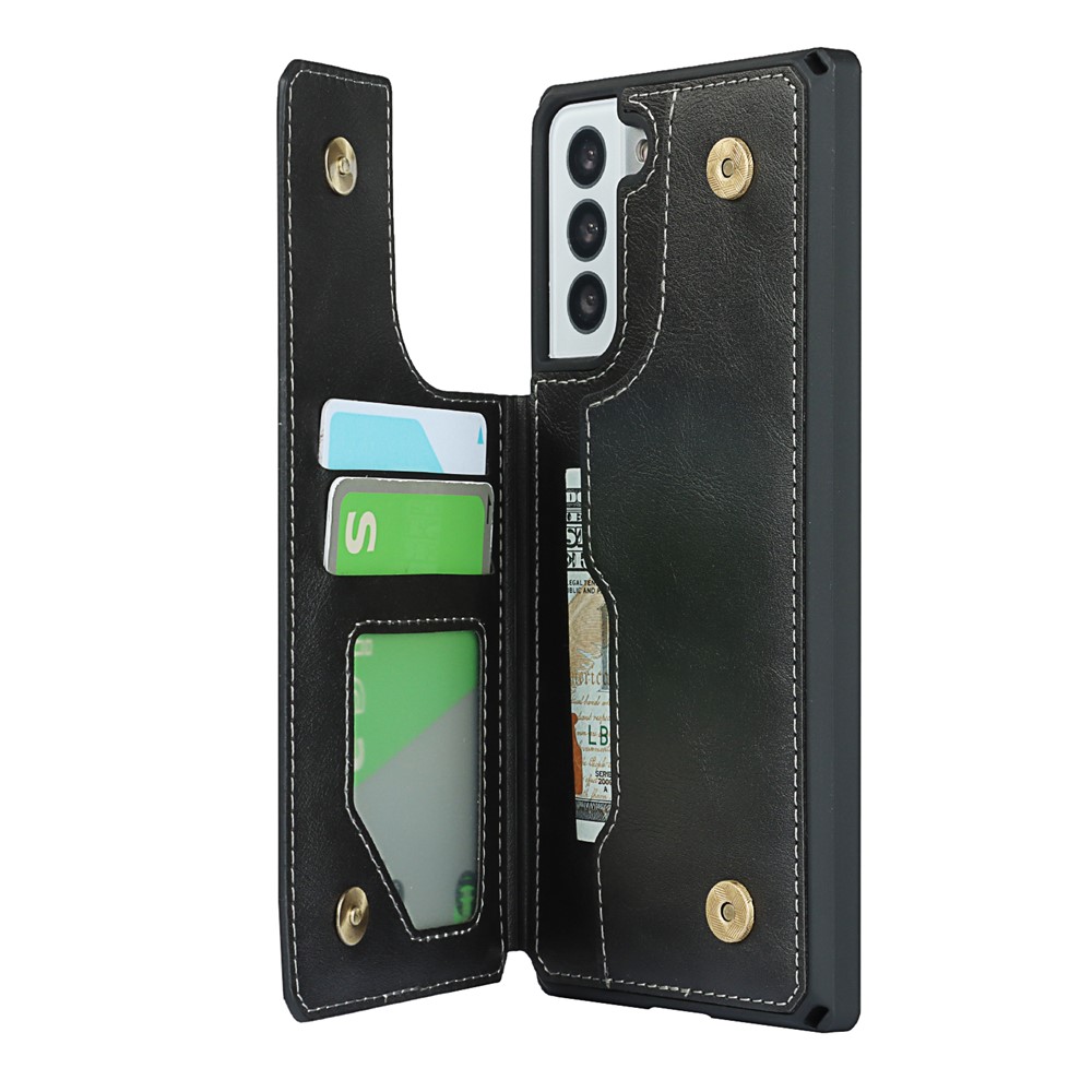 Button Flip PU Leather Mobile Phone Protective Case Shell Stand with Strap for Samsung Galaxy S21+ 5G - Black-7