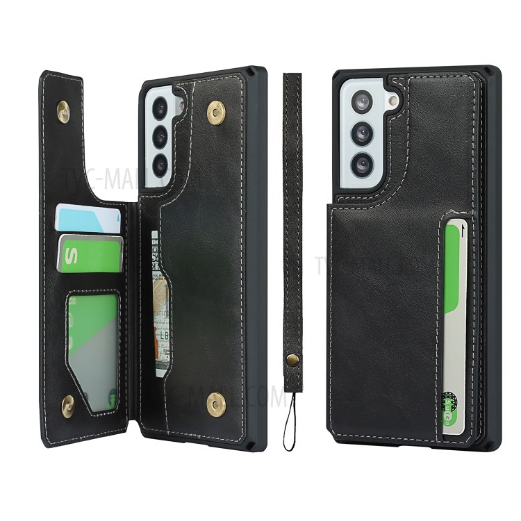 Button Flip Leather Cell Phone Wallet Stand Case Shell Cover with Lanyard for Samsung Galaxy S21 5G - Black-1