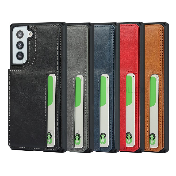 Button Flip Leather Cell Phone Wallet Stand Case Shell Cover with Lanyard for Samsung Galaxy S21 5G - Black-11