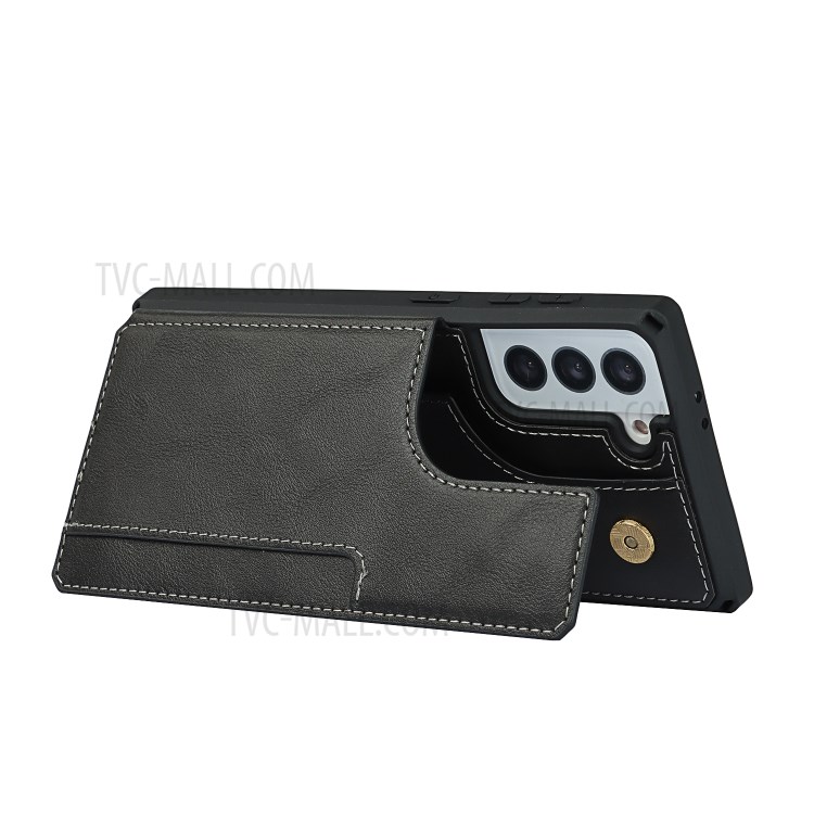 Button Flip Leather Cell Phone Wallet Stand Case Shell Cover with Lanyard for Samsung Galaxy S21 5G - Black-3