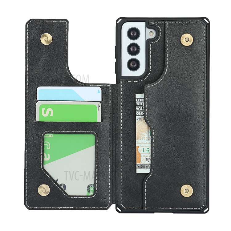 Button Flip Leather Cell Phone Wallet Stand Case Shell Cover with Lanyard for Samsung Galaxy S21 5G - Black-4