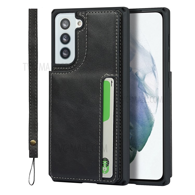 Button Flip Leather Cell Phone Wallet Stand Case Shell Cover with Lanyard for Samsung Galaxy S21 5G - Black-5