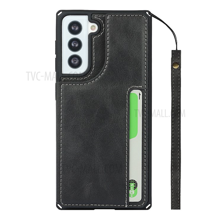 Button Flip Leather Cell Phone Wallet Stand Case Shell Cover with Lanyard for Samsung Galaxy S21 5G - Black-6