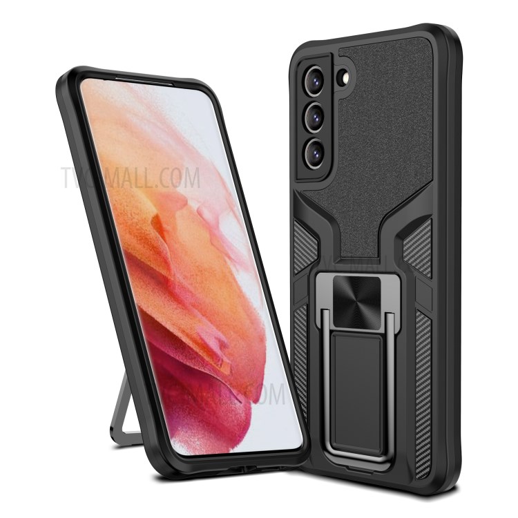 PC + TPU Combo Hybrid Case Cover with Kickstand (Built-in Magnetic Metal Sheet) for Samsung Galaxy S21 FE - Black-1