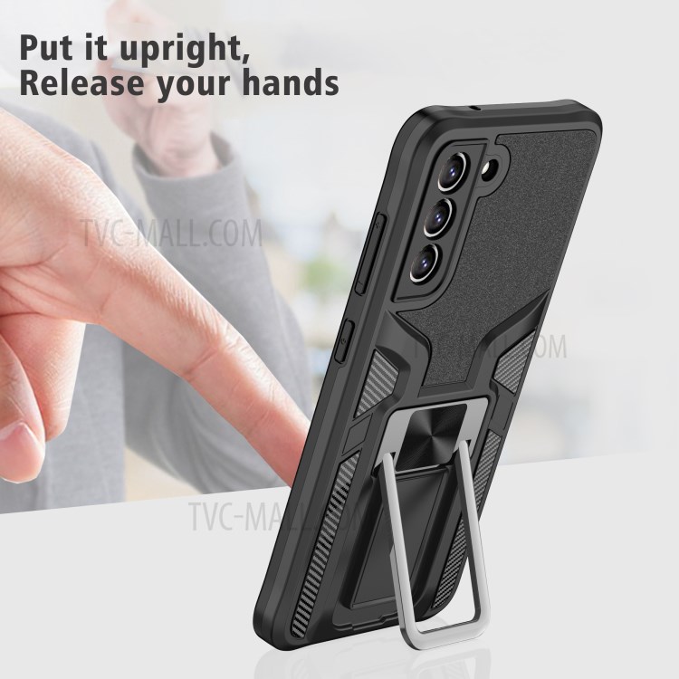 PC + TPU Combo Hybrid Case Cover with Kickstand (Built-in Magnetic Metal Sheet) for Samsung Galaxy S21 FE - Black-4