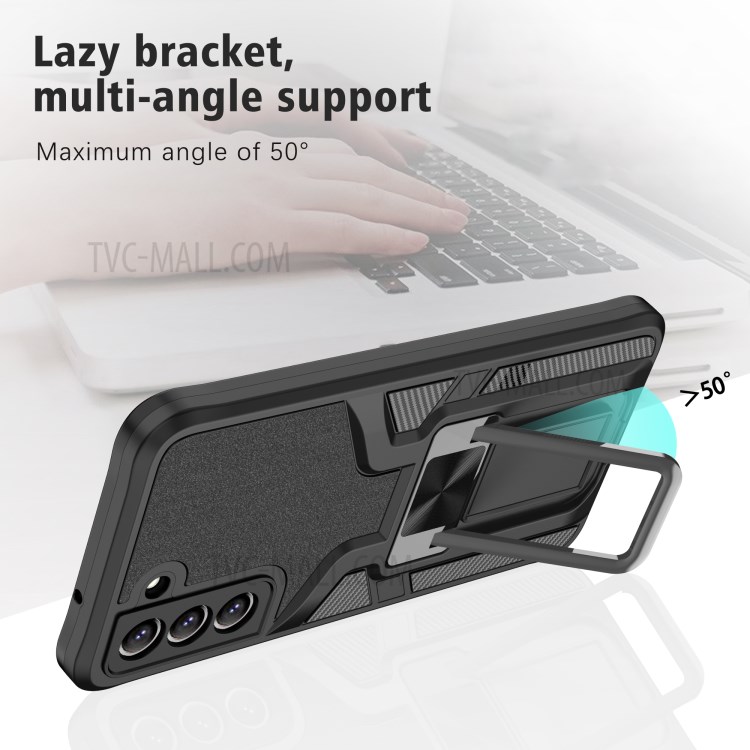 PC + TPU Combo Hybrid Case Cover with Kickstand (Built-in Magnetic Metal Sheet) for Samsung Galaxy S21 FE - Black-5