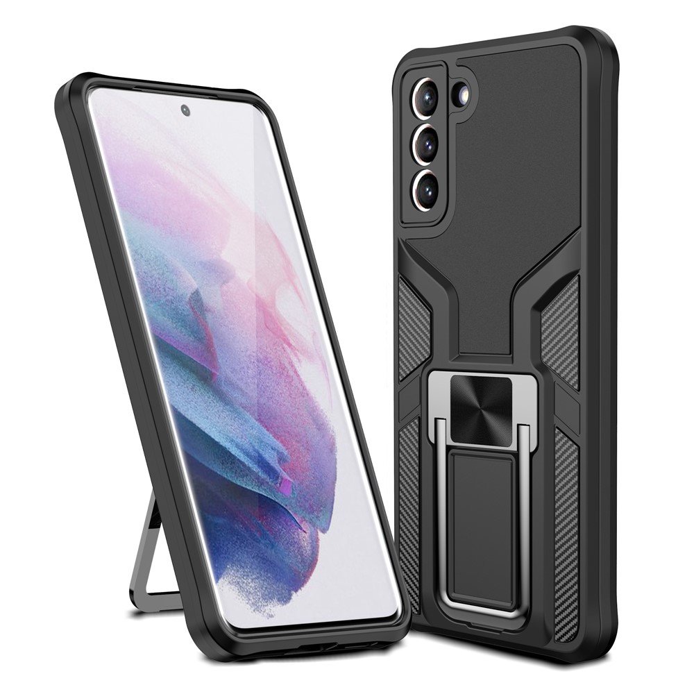 PC + TPU Quality Hybrid Case Cover with Kickstand (Built-in Magnetic Metal Sheet) for Samsung Galaxy S21+ 5G - Black-1