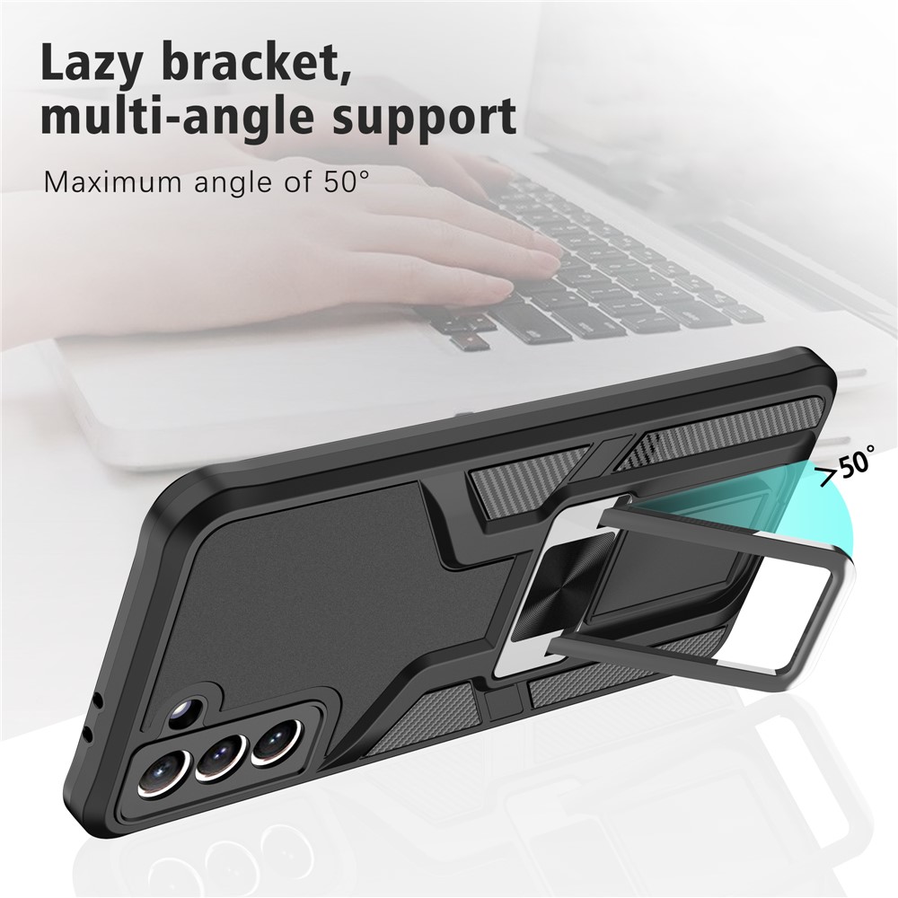 PC + TPU Quality Hybrid Case Cover with Kickstand (Built-in Magnetic Metal Sheet) for Samsung Galaxy S21+ 5G - Black-5