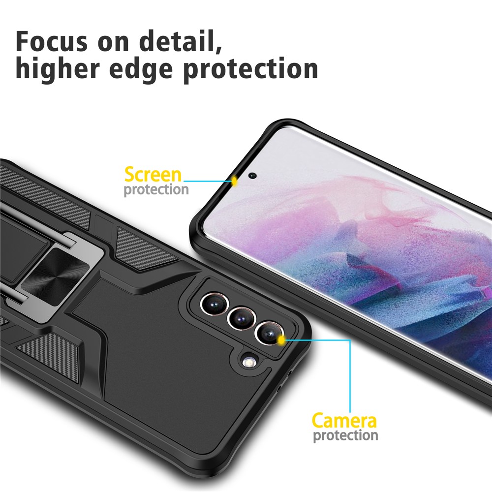 PC + TPU Quality Hybrid Case Cover with Kickstand (Built-in Magnetic Metal Sheet) for Samsung Galaxy S21+ 5G - Black-6