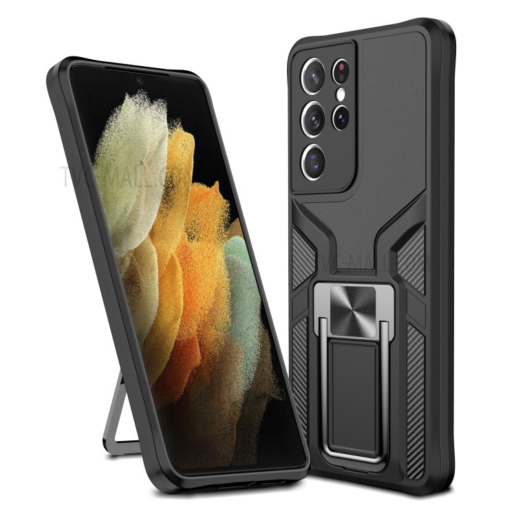 PC + TPU Combo Quality Hybrid Kickstand Case Cover (Built-in Magnetic Metal Sheet) for Samsung Galaxy S21 Ultra 5G - Black-1