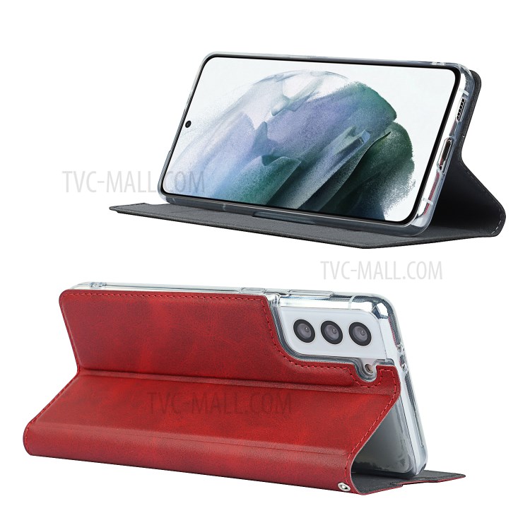 Leather Stand Shell with Card Slot for Samsung Galaxy S21 Plus 5G - Red-2