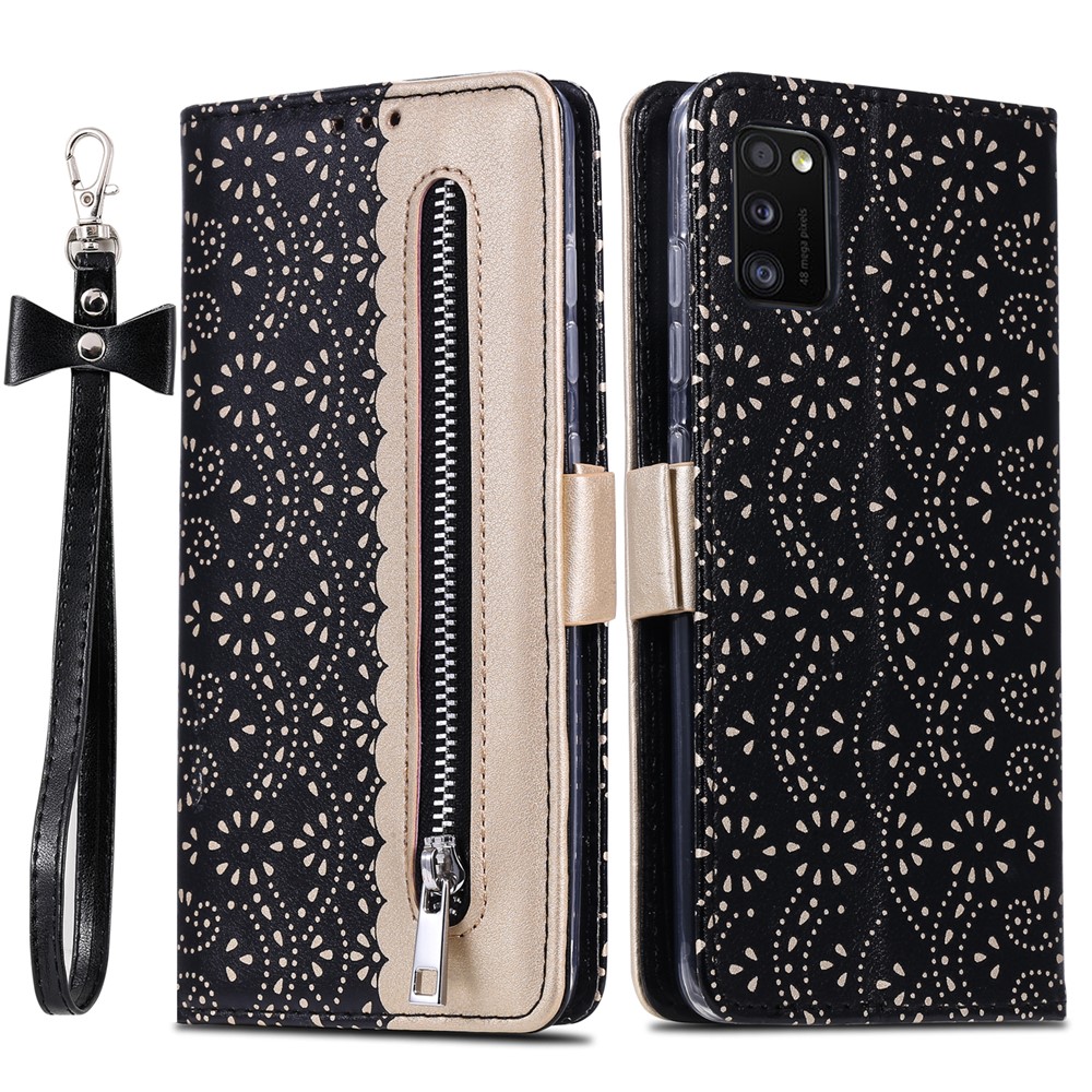 Lace Flower Pattern Zipper PU Leather Wallet Stand Case Shell for Samsung Galaxy A41 (Global Version) - Black-1