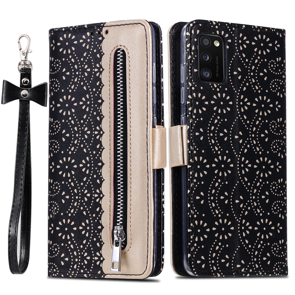 Modèle De Fleur De Dentelle Zipper En Cuir pu Porte-madonie Coquette Pour Samsung Galaxy A41 (version Globale) - Noir