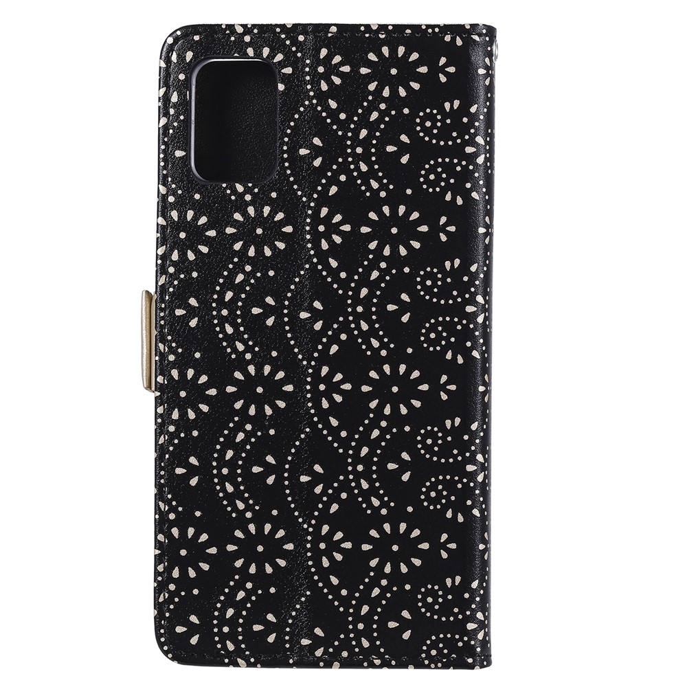 Patrón De Flor De Encaje Con Cremallera pu De Cuero De La Carpeta De Cuero Stand Shell Para Samsung Galaxy A41 (versión Global) - Negro