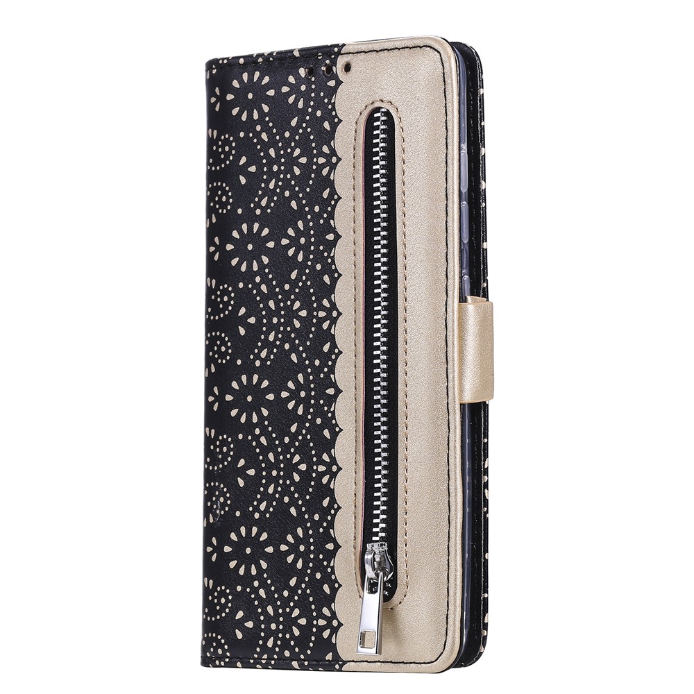 Modèle De Fleur De Dentelle Zipper En Cuir pu Porte-madonie Coquette Pour Samsung Galaxy A41 (version Globale) - Noir