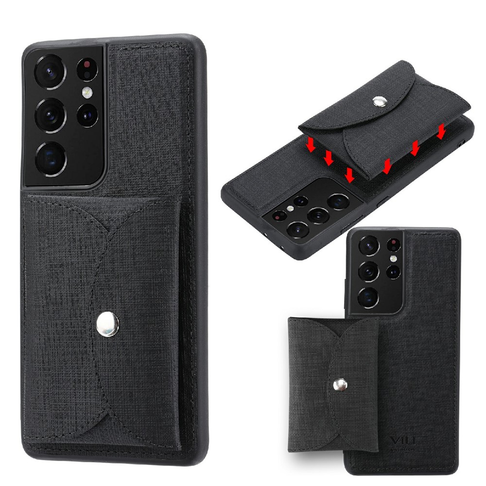 VILI T Series Movable Magnetic-Absorbed Wallet Leather Skin TPU Shell for Samsung Galaxy S21 Ultra 5G - Black-1
