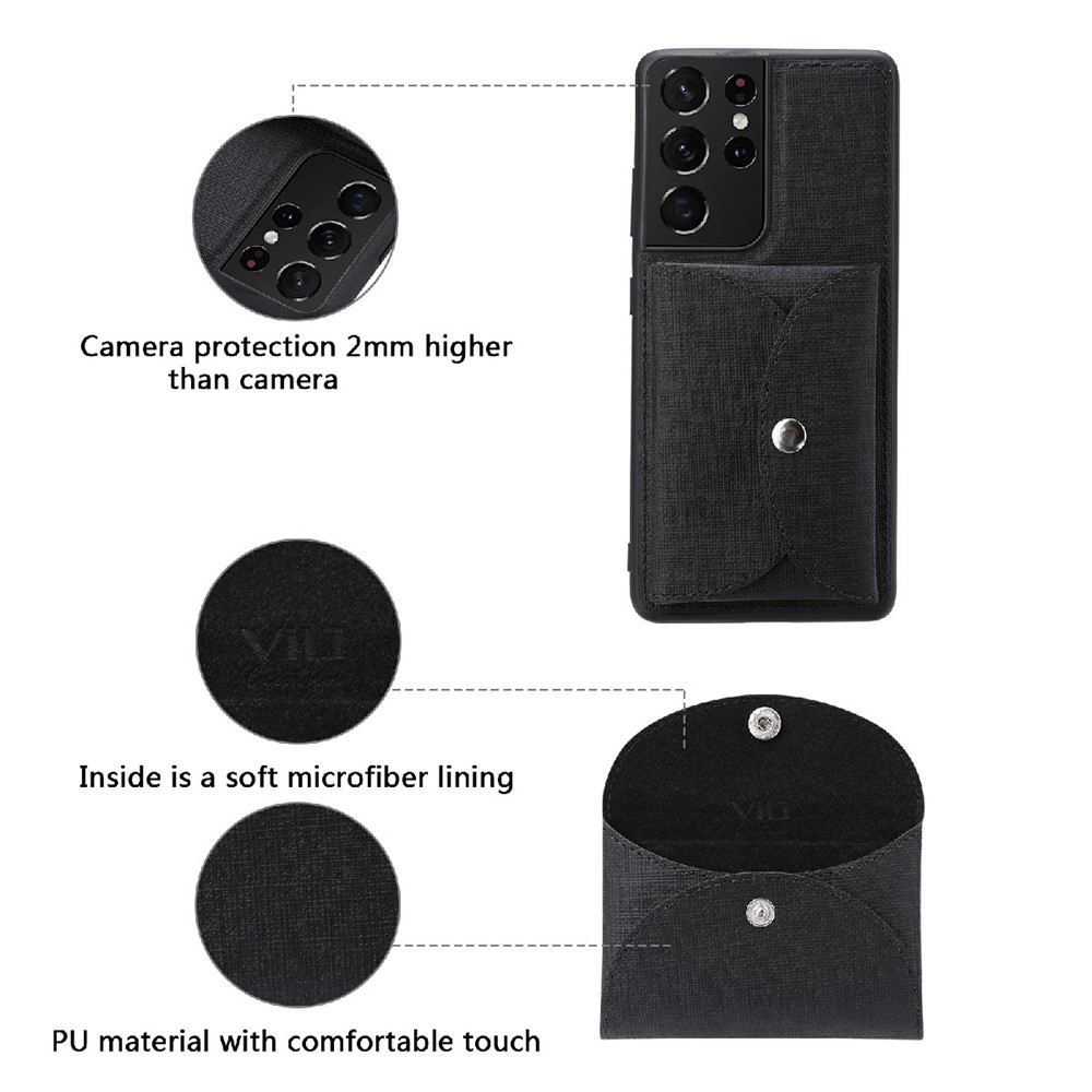 VILI T Series Movable Magnetic-Absorbed Wallet Leather Skin TPU Shell for Samsung Galaxy S21 Ultra 5G - Black-6