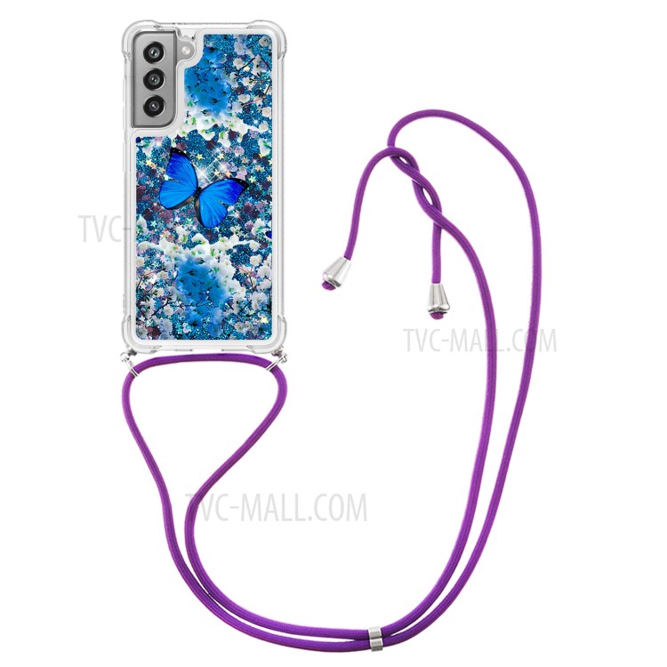Quicksand Shiny Glitter Pattern Printing TPU Phone Case Cover with Strap for Samsung Galaxy S21 FE - Blue Butterfly-1
